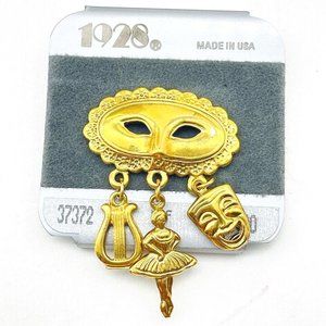 1928 Masquerade Mask Pin Gold Tone Charms Drama Theatre Lute Ballerina Comedy